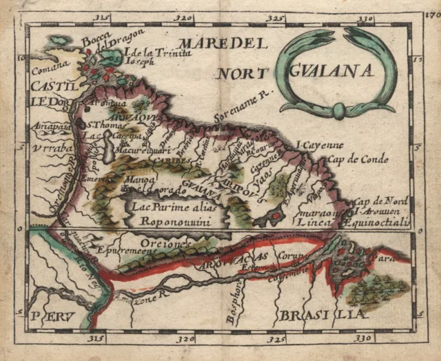 Guyana Original kolorierte Kupferstich Landkarte Duval Hoffmann 1690