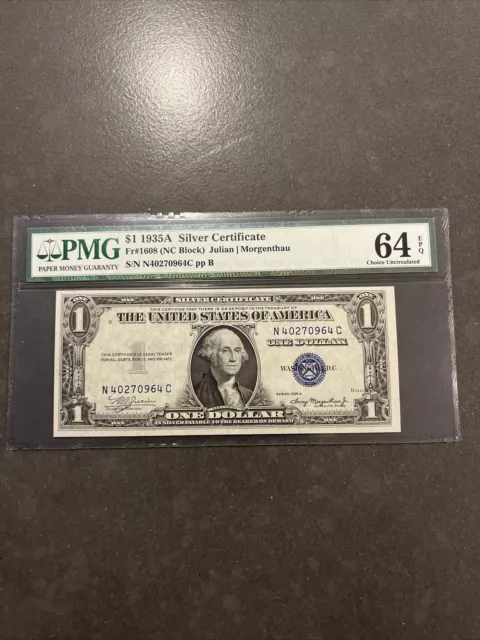 Silver Certificate FR 1608 $1 PMG 64EPQ  1935A NC  Block