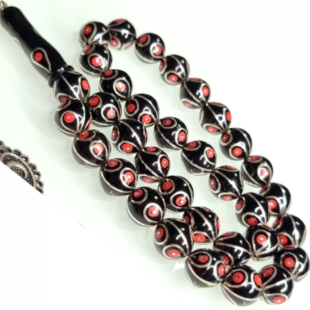 Erzurum Oltu usta işi gümüşlü Tesbih Jet Gagat Misbaha Black Amber Rosary