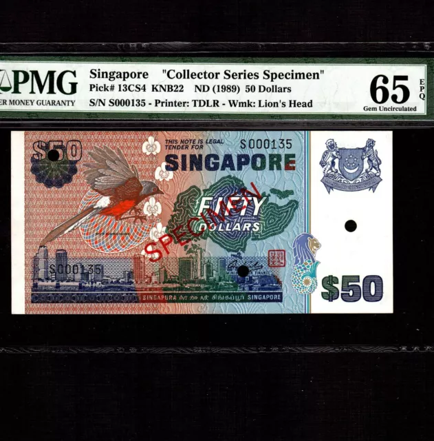 Singapore 50 Dollars 1989 P-13CS4 * PMG Gem Unc 65 EPQ * Specimen *