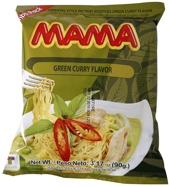 Mama Ramen Instant Noodles Green Curry Flavor (90G - 3.17Oz) - Jumbo Pack of 20