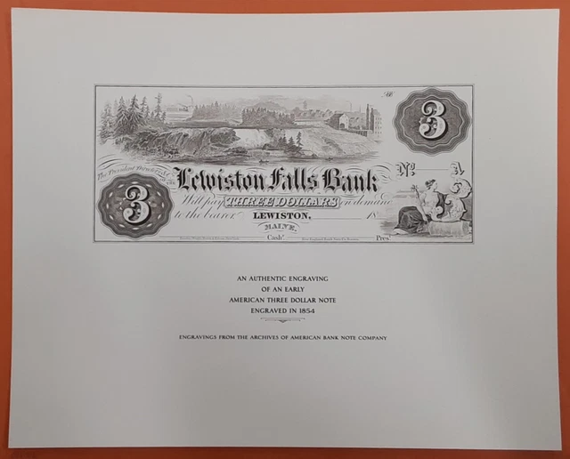 ABNC Souvenir Card Engraving of an 1854 Lewiston, ME $3 Obsolete Note