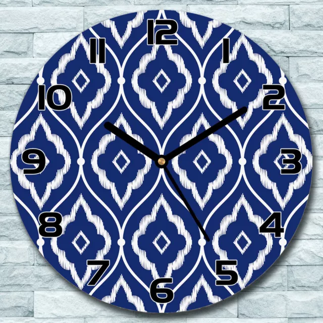 Glass Wall Clock Porcelain indigo Persian ikat blue and white photo Round fi 30