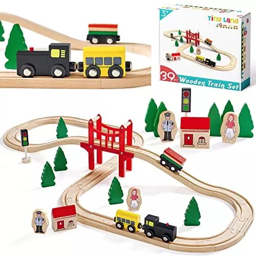 Circuit Train Enfant,Train en Bois (magnétique)& Rails Pack(39 pcs),Compatible a