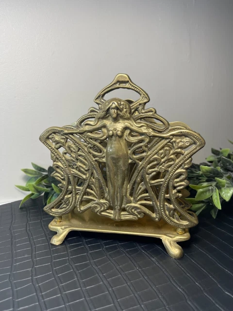 Plaque Poussoir En Laiton Art Nouveau - Motif Lys Et Tulipe, Finition Poli Laiton, Pour Portes