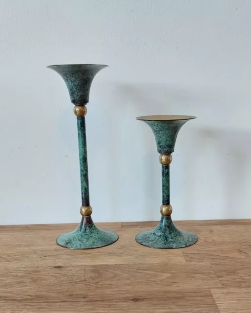 VINTAGE SET of 2 GREEN & GOLD BRASS CANDLE HOLDERS MADE IN INDIA GREEN PATINA