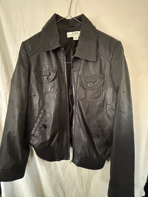 JUST JEANS GENUINE leather women's black bomber jacket size 14 in VGC ...