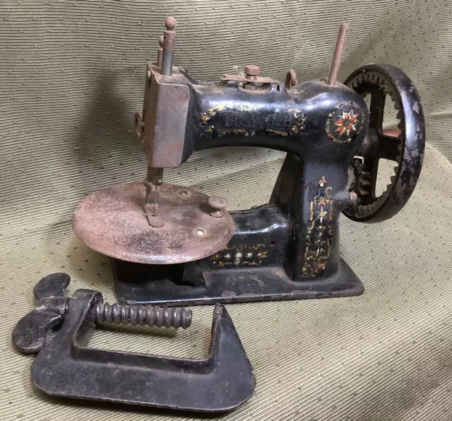 1900s Antique German Sewing Machine Cast Iron Child's Original Wooden Box