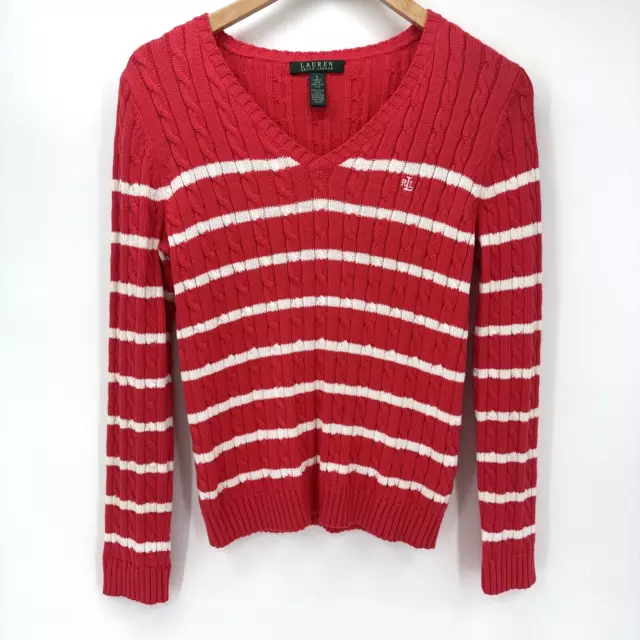 Lauren Ralph Lauren Women's Sweater Size Small V-Neck Cable Knit Pink Striped