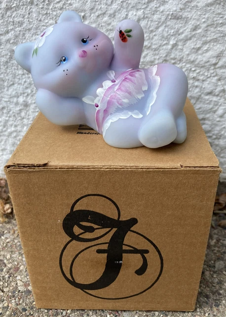 2005 Fenton Blue Burmese Reclining Bear  W/ Ladybug Hand Painted 100 Years W/Box