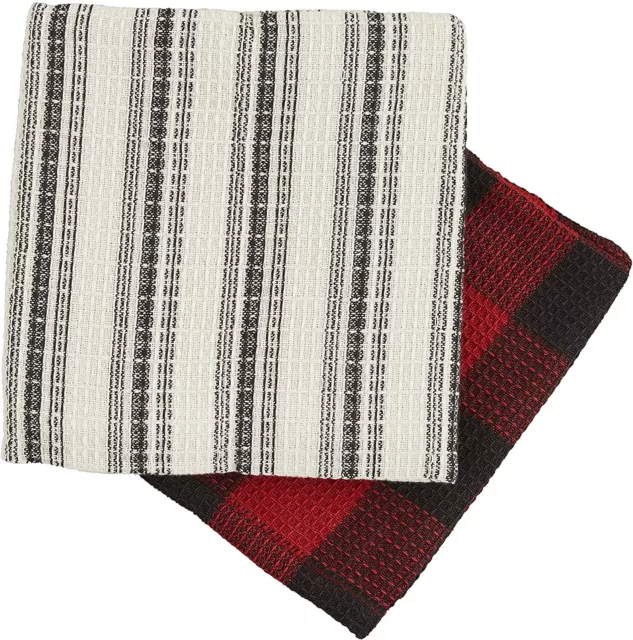 New Set of 2 Mud Pie Christmas Waffle Weave Striped Dish Towels Red Black gift