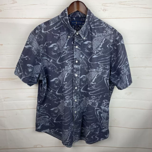 Ralph Lauren Men’s Sz XXL Blue Koi Print Button Down Short Sleeve Shirt Aloha