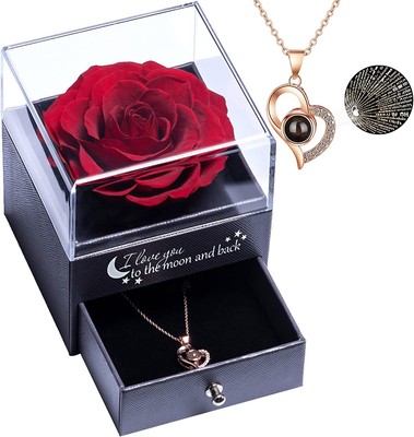 J.Fée Rosa Eterna Rossa Regalo per Lei Regalo Donna Matrimonio Regali per San Valentino Compleanno Rosa Reale Conservata Eterna con Bracciale Donna Argento 925 e Rose Stabilizzate Scatola 