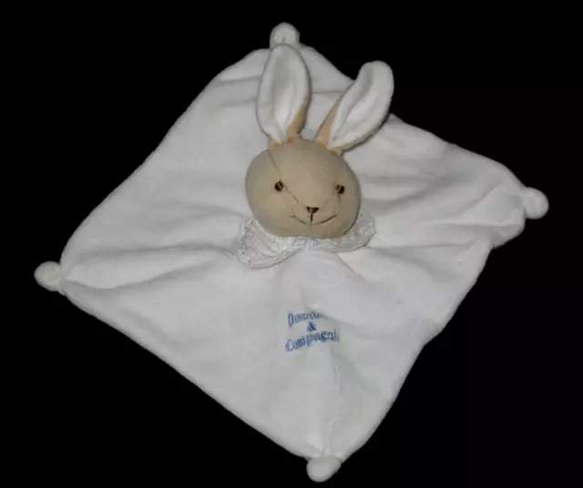 Doudou & Compagnie carré plat Lapin beige blanc et bleu collerette nid d'abeille