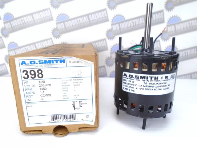 A.O. Smith - 398 3R - Shaded Pole MOTOR - JA2R143N+ - 1/20 HP - 1450 RPM - (NEW)
