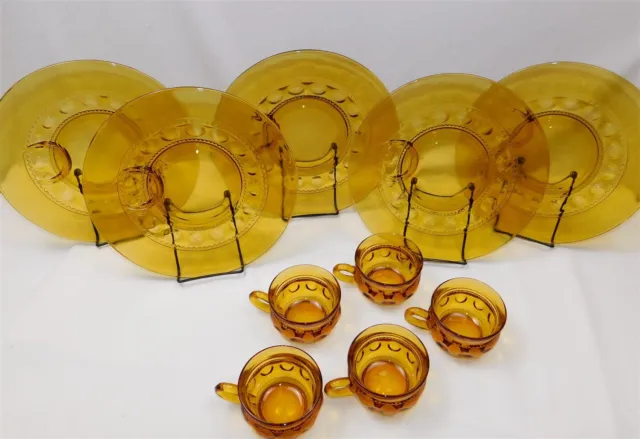 Vtg Indiana Glass Amber Kings Crown Thumbprint Set of 5 Snack Plates & Cups