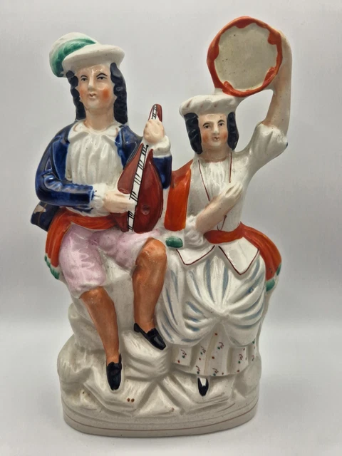 Antique Staffordshire Pottery 'Musicians' Victorian Flatback Figure 9" Tall