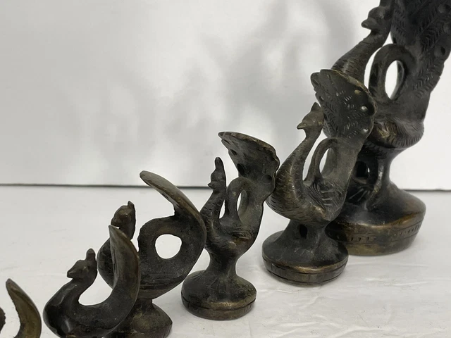 Rare Complete Set Antique Burmese Opium Bronze Weight Set Peacock Bird 9 Pc Vtg 14