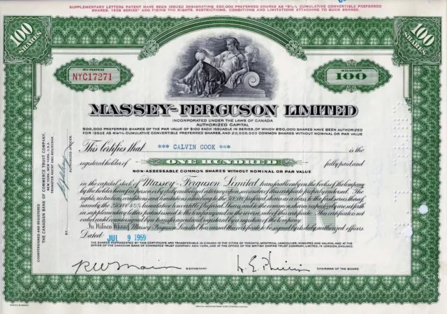 Canada - Massey - Ferguson Limited 1959 (100 Shares) ganz alte Vignette