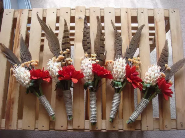 6 Rustic Western Boutonnieres ~ Rust Flower w/Feathers & Jute Twine ~ Hand Made