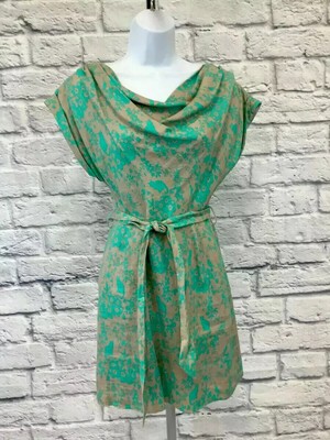 Paul & Joe Sister Belted Short Dress Tan Green Floral Cat Print Linen Size 38/4