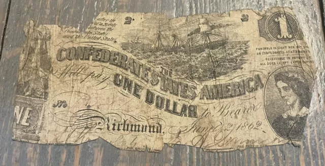 1862 $1 One Dollar Csa Confederate States Of America Currency Note (Sku C1)