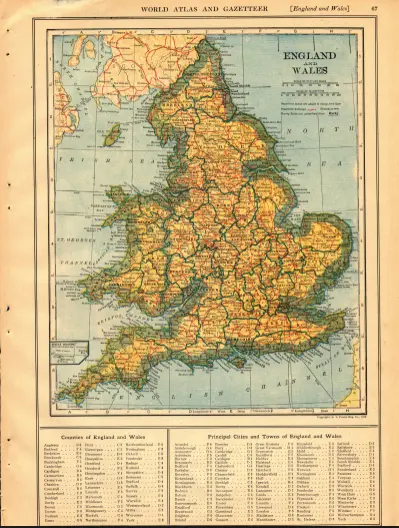 1919 Vintage Map England and Wales  Color Original From Collier Atlas