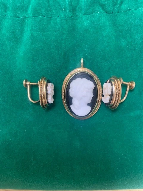 Mid Century Van Dell 12K Gold Filled Cameo Earrings Pendant Set