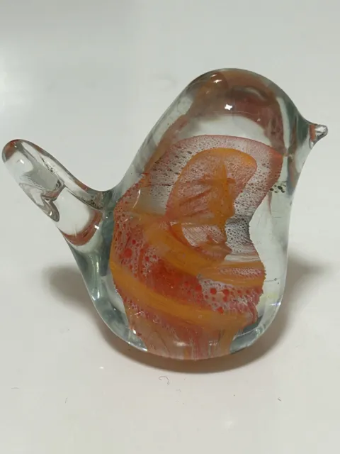 Art Glass Bird Paperweight Clear Colorful Swirls Red White Orange 2” Handmade