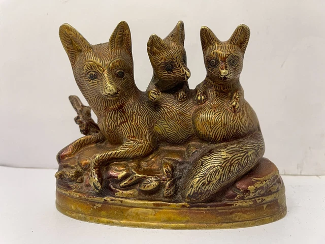 Vintage Handcrafted Brass Big Fox With Pups Animal Statue/fig. Decorative SS1745