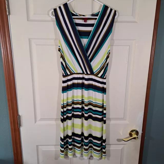 Merona Womens Dress Size Small White Green Brown Blue Striped Sleeveless V-Neck