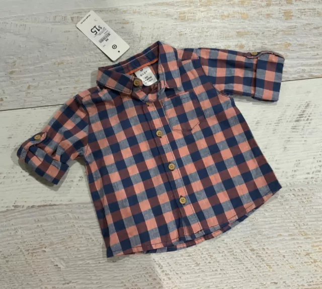 Baby boys sz 0-3 months checkered collared long sleeve shirt BNWT