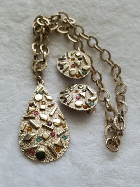 Estate Vintage Sarah Coventry CONFETTI Rhinestone GOLDTONE Necklace Earrings Set