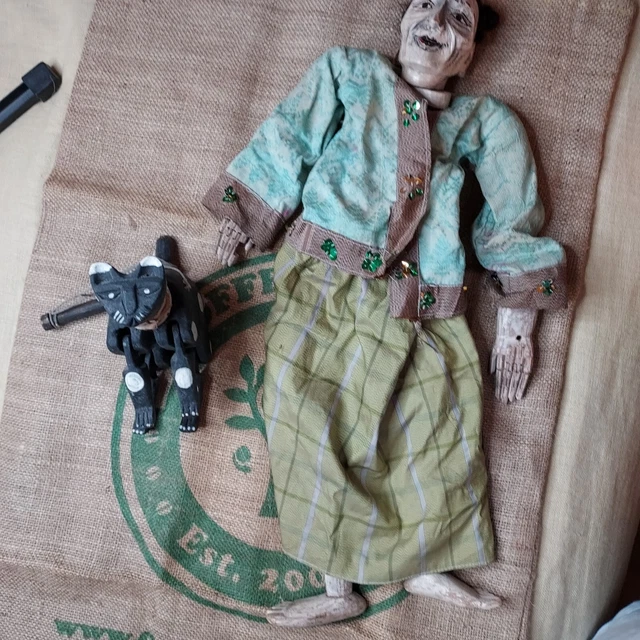 Burma Burmese Hand Carved Puppet Marionette Male Black Cat Halloween Decor
