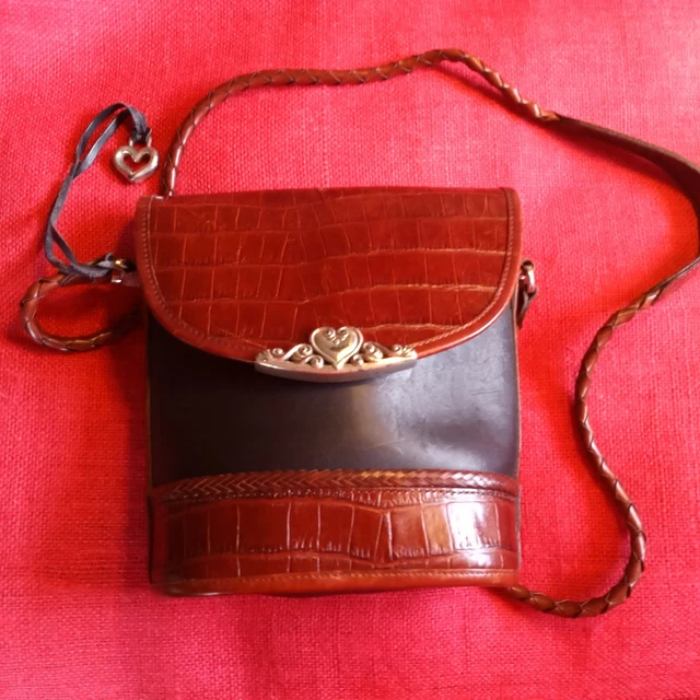 Vintage Brighton 9" Embossed Black Brown Leather Croc Crossbody Bucket Purse Bag