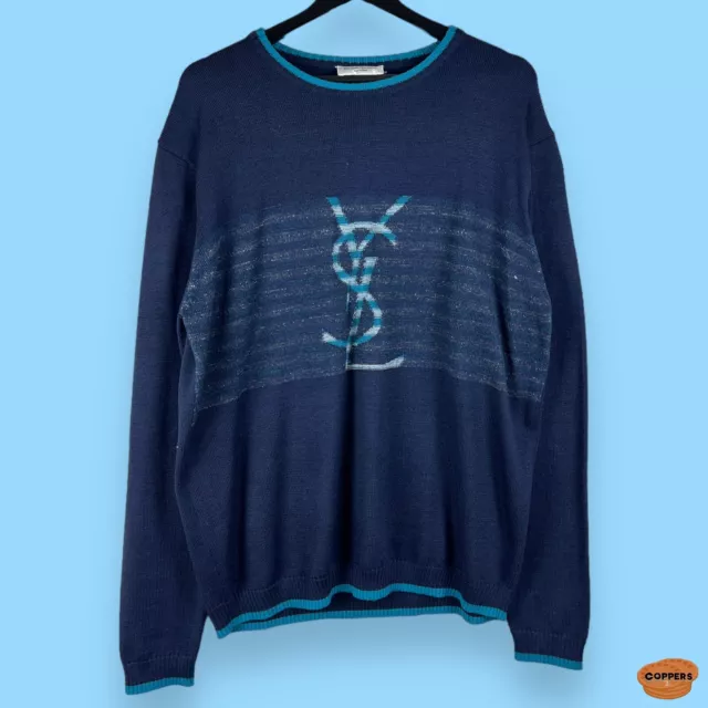 Yves Saint Laurent Pour Homme YSL 90s Vintage Blue Big Logo Sweater Size L