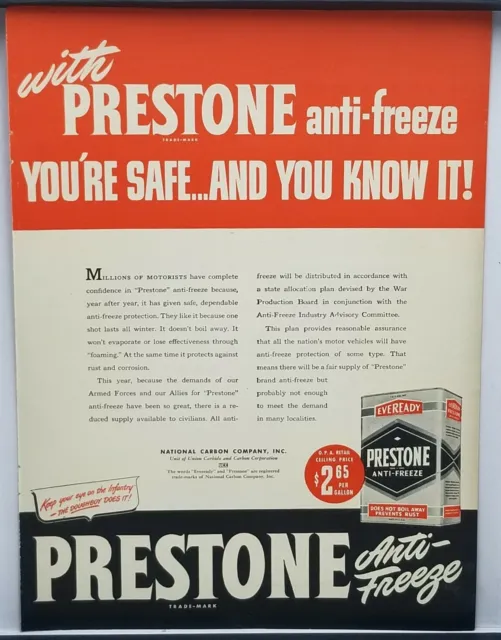 1944 Prestone Eveready Anti Freeze Union Carbide Vtg WWII Era Color Print Ad