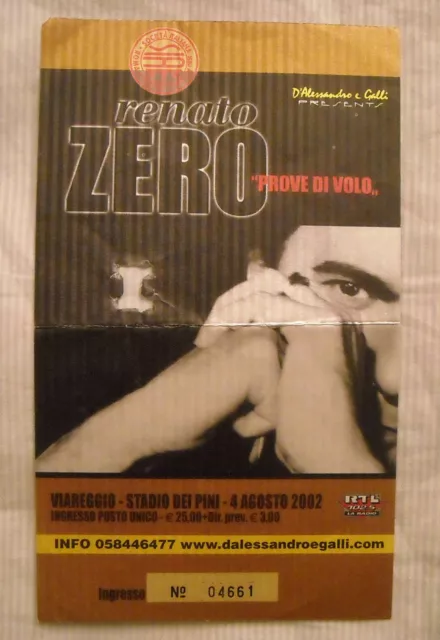 RENATO ZERO Biglietto Concerto usato PROVE DI VOLO - VIAREGGIO - ANNO 2002