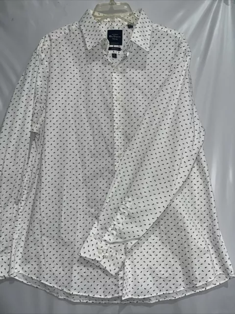 BEN SHERMAN STRETCH Men Shirt XL Black White Flower Print Cotton Casual ...