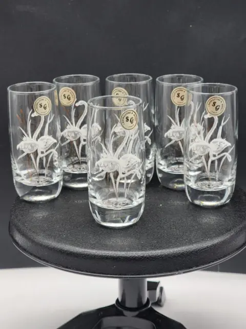 Lavorazione A Mano Hand Painted Flamingos Glass Cordials Set of 6 Italy 3.5"