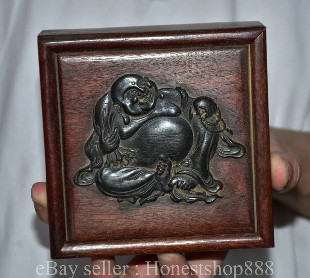 6" Old Chinese Huanghuali Wood Dynasty Maitreya Buddha Jewelry Box Statue