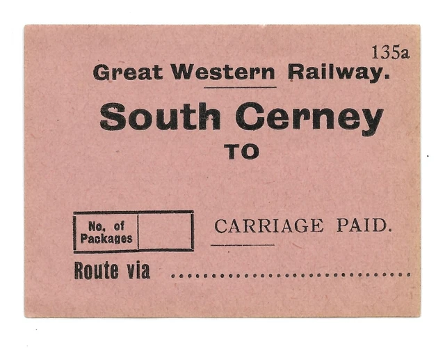 Great Western Railway GWR - Parcel Label - South Cerney to (Blank) 135a C. Paid
