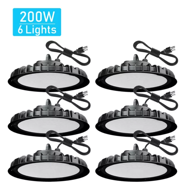 6 Pack 200W UFO Led High Bay Light Gym Warehouse Commercial Light Fixtures 6000K