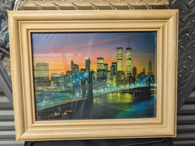 Lighted New York City Skyline TWIN TOWER'S Framed Picture Print W/Water Sounds