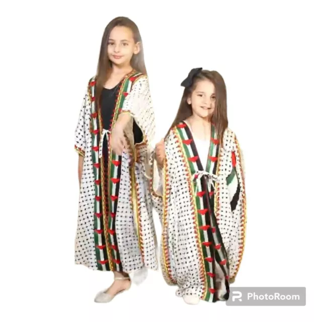 Palestine Dress Traditional Girls White Black Flag Map fashion Kaftan 5 to 12