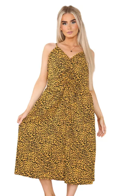 Damen Sommer Leopard Blumenmuster Midi Kleid Damen Boho Strand Urlaub Sommerkleid Größe