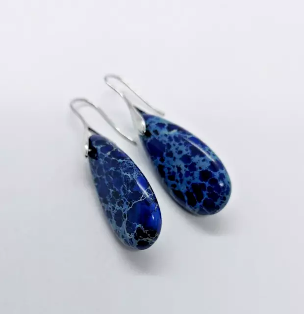 Pair of Sterling Silver Natural Jasper stone  Drop Earrings, Blue & Light Blue 3