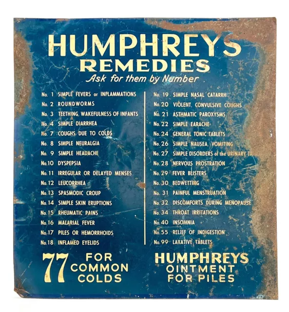 Original Antique Humphrey's Remedies Apothecary Sign Tin Advertising Man Cave