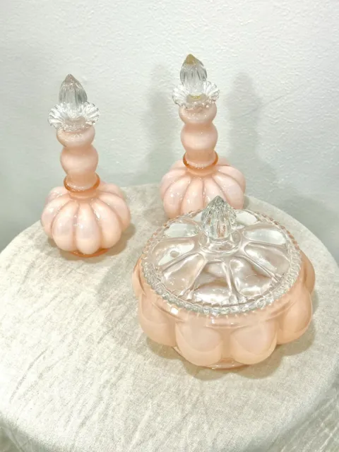 Fenton Melon Glass Vanity Set circa 1940's in Desirable Light Pink