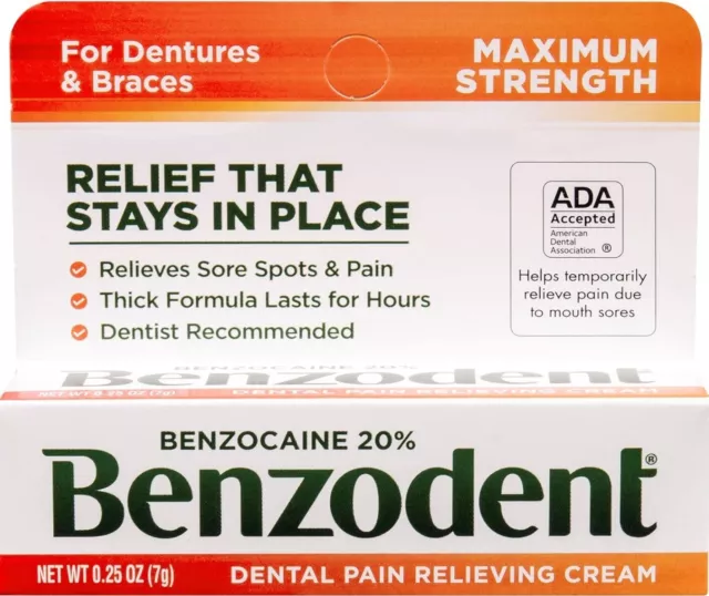 Benzodent Dental Pain Relieving Cream for Dentures and Braces Benzocaine 20%